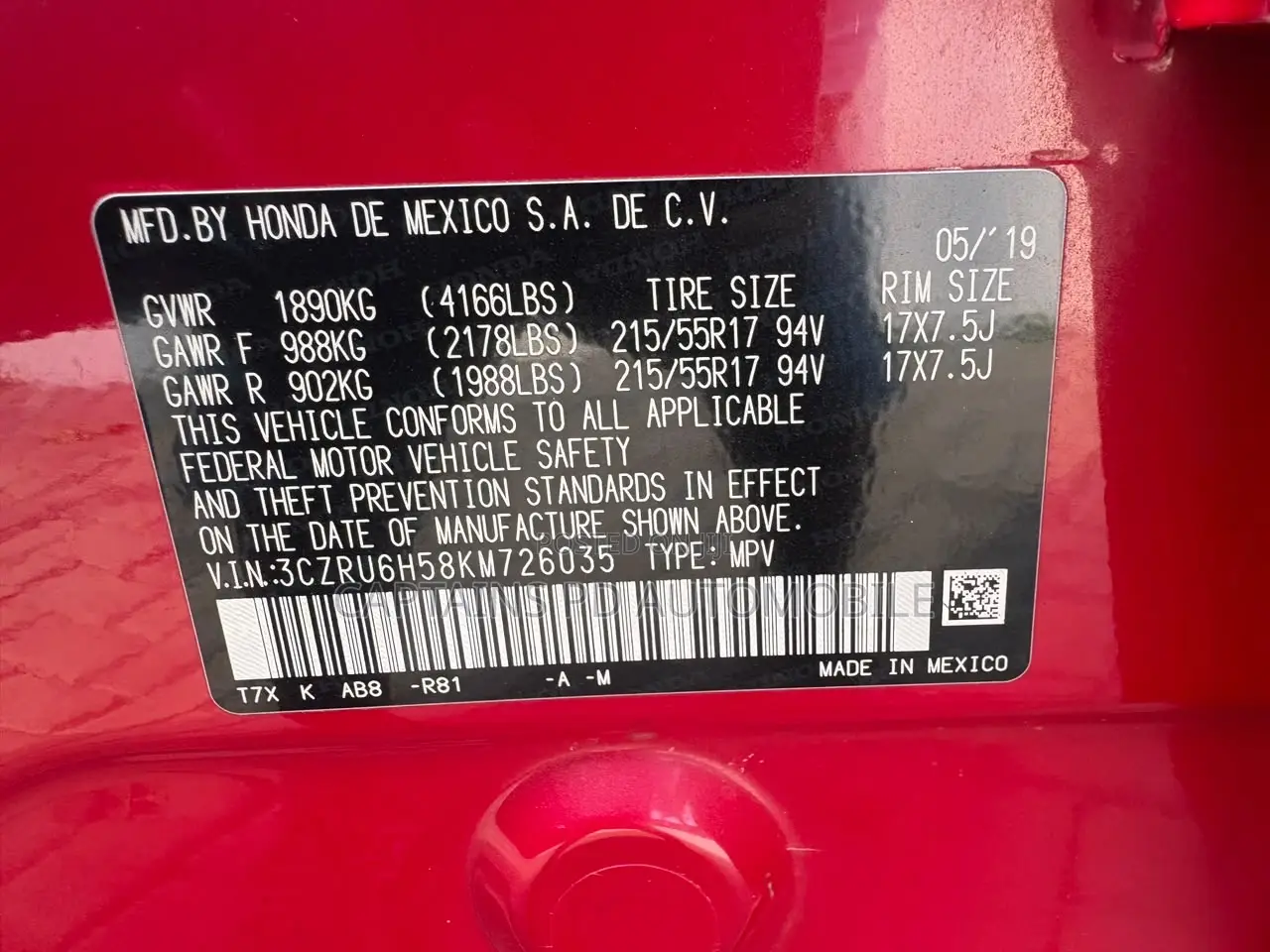 Honda HR-V Sport AWD 2019 Red