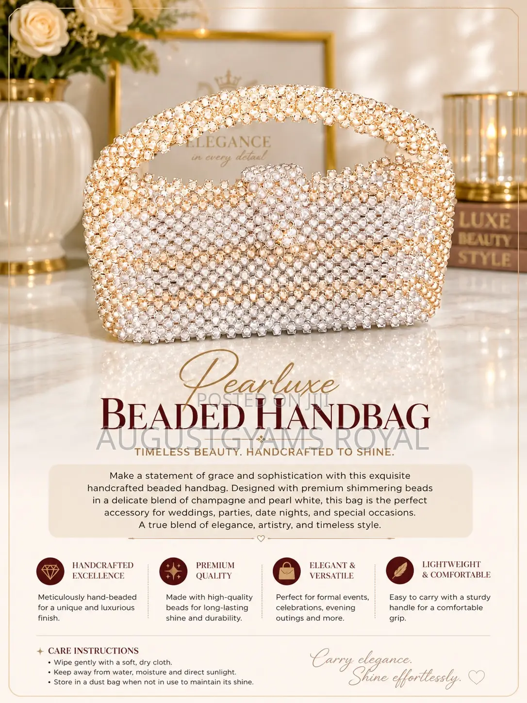 Luxe Pearl Beaded Handbag – Elegant Champagne Ivory Evening Clutch