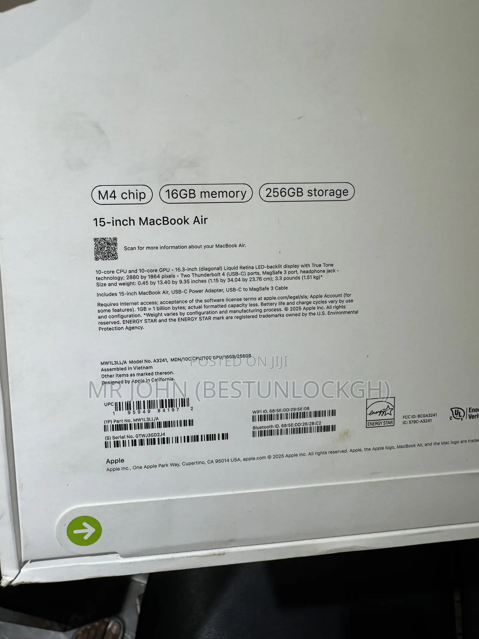 New Laptop Apple MacBook Air 2025 M4 16GB Apple M4 SSD 256GB