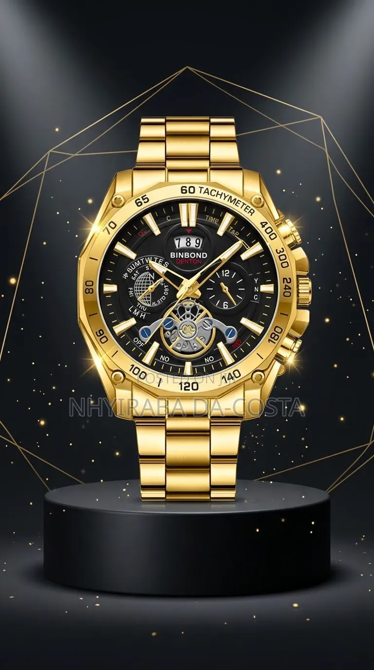 Men's Business Tourbillon Style Quartz Watch –Gold Steel Band Gift Set