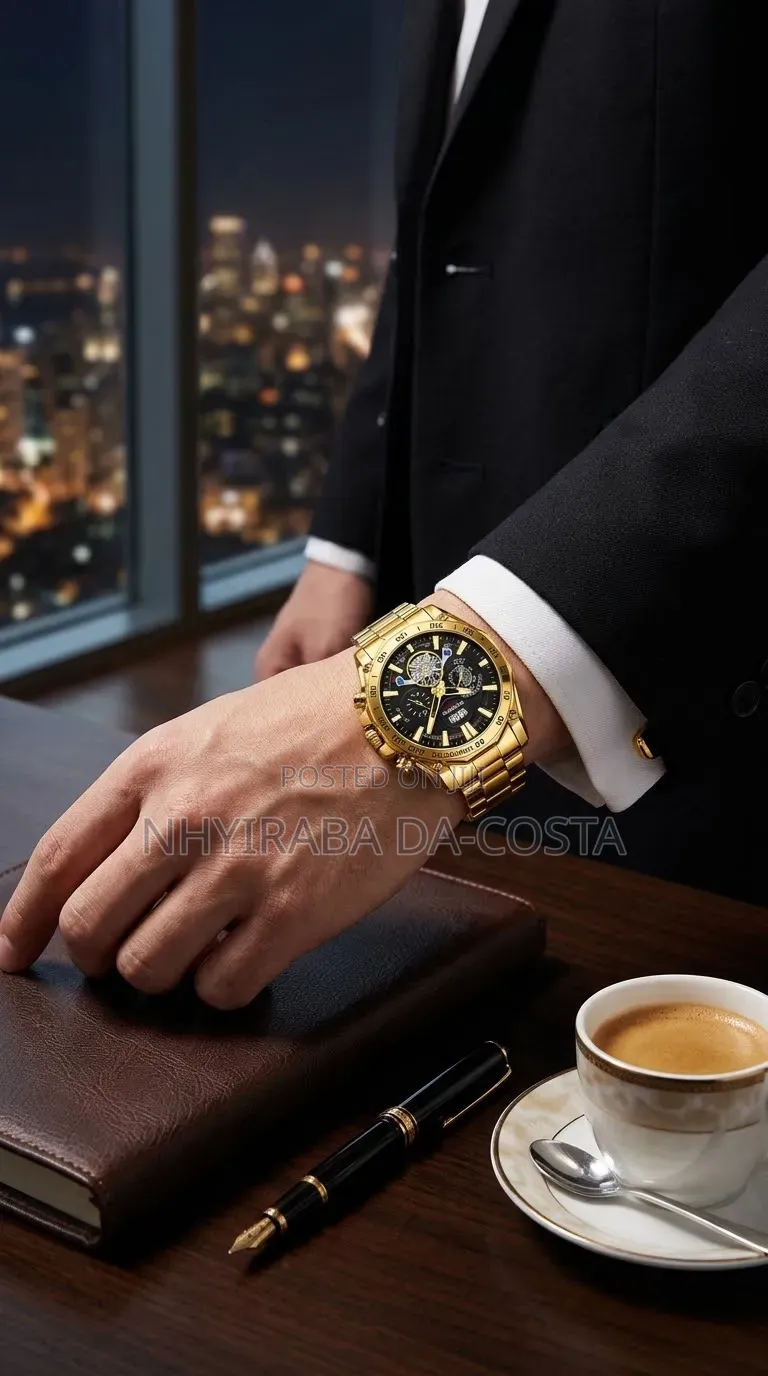 Men's Business Tourbillon Style Quartz Watch –Gold Steel Band Gift Set