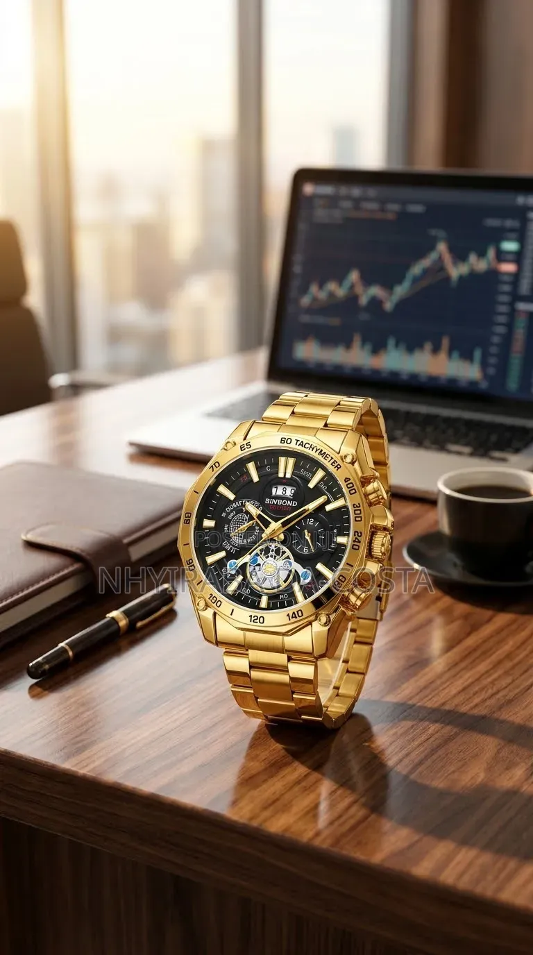 Men's Business Tourbillon Style Quartz Watch –Gold Steel Band Gift Set