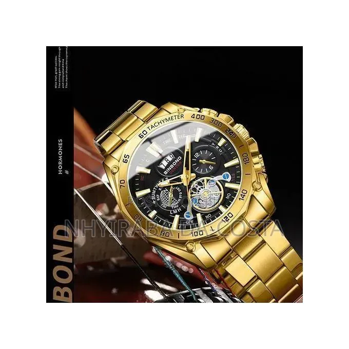 Men's Business Tourbillon Style Quartz Watch –Gold Steel Band Gift Set