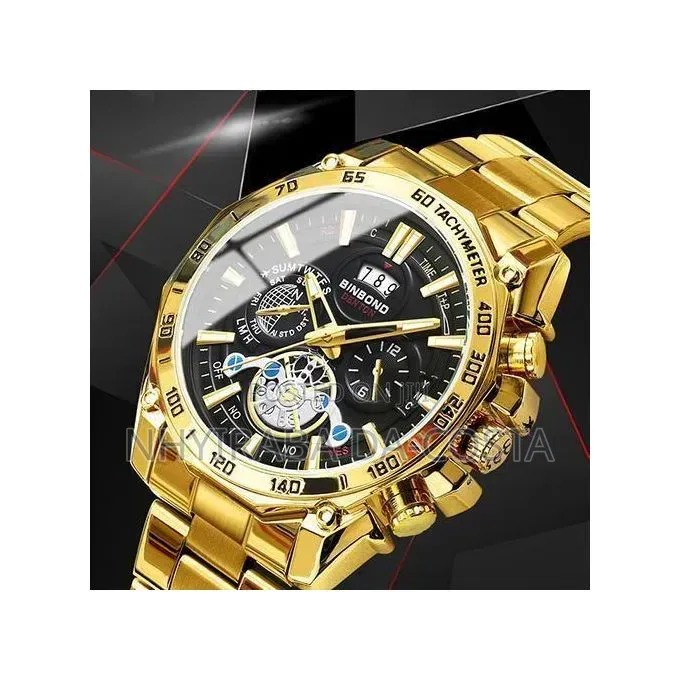 Men's Business Tourbillon Style Quartz Watch –Gold Steel Band Gift Set