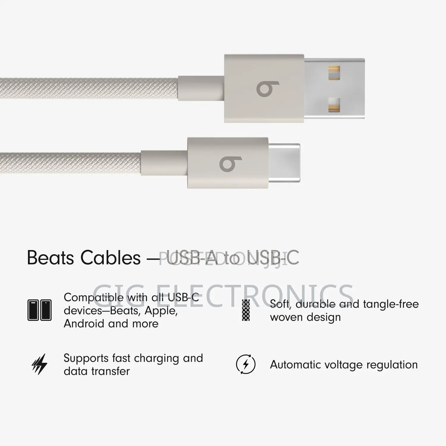 Beats USB-A to USB-C Braided Fast Charging Cable (5 Ft) - Stone