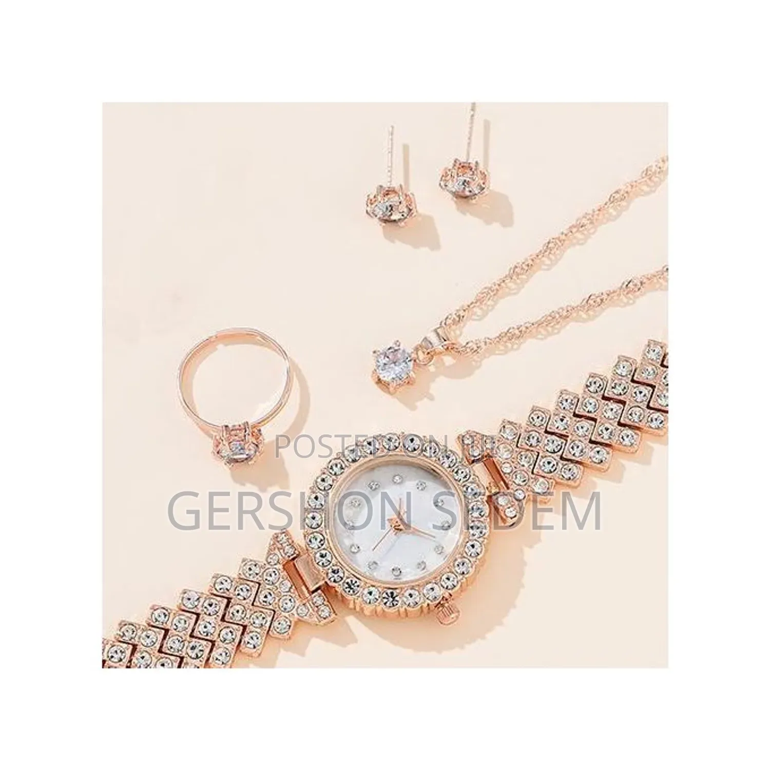 Women's Watch Necklace Ring Earrings Braceket Set - Pink' 952644