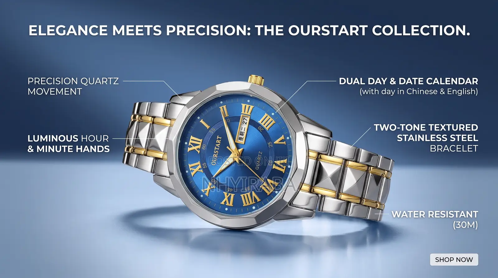 Men’s Quartz Stainless Steel Luminous Watch– Silver/Blue Dual Calendar