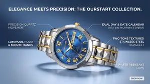Men’s Quartz Stainless Steel Luminous Watch– Silver/Blue Dual Calendar
