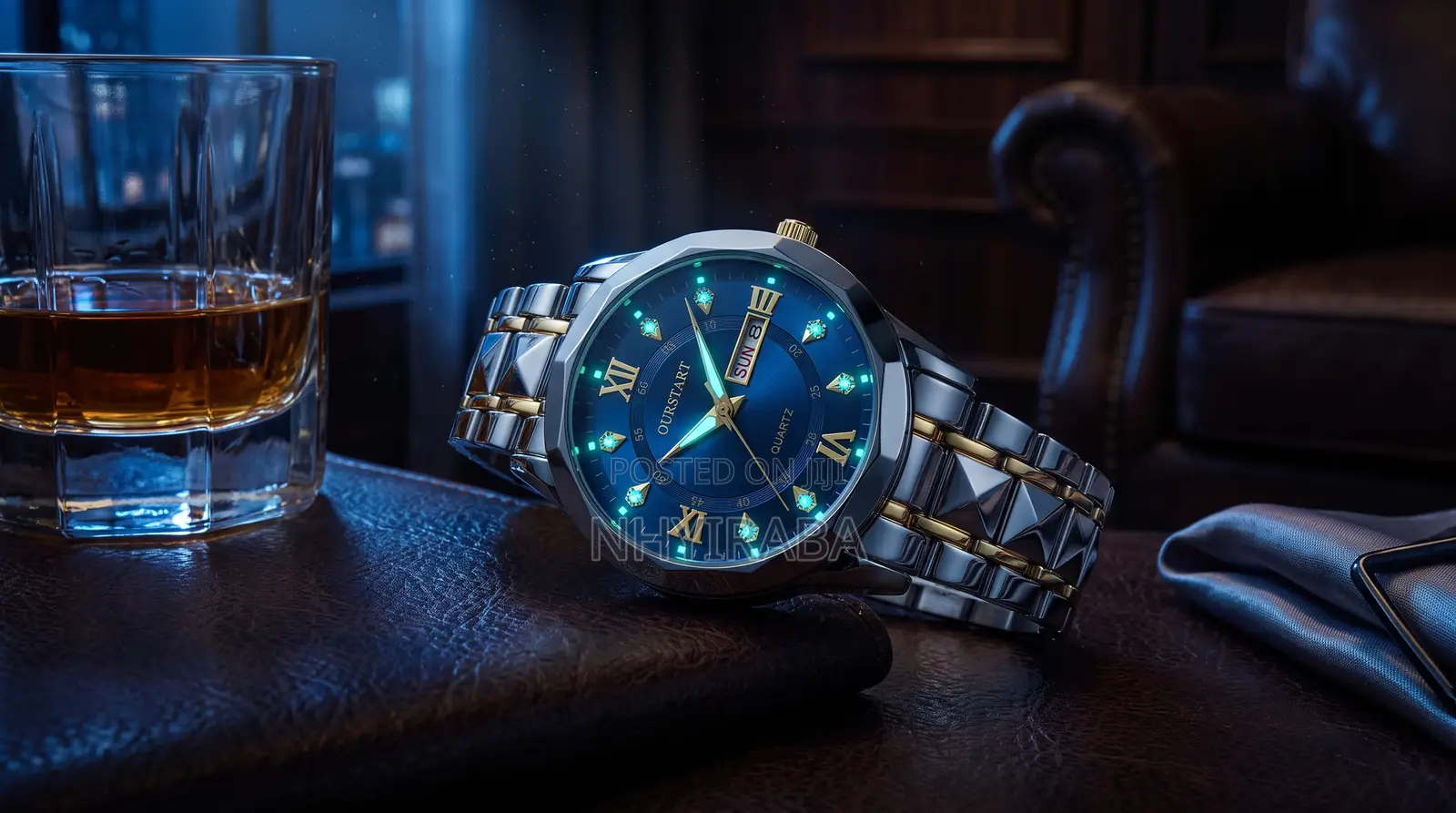 Men’s Quartz Stainless Steel Luminous Watch– Silver/Blue Dual Calendar