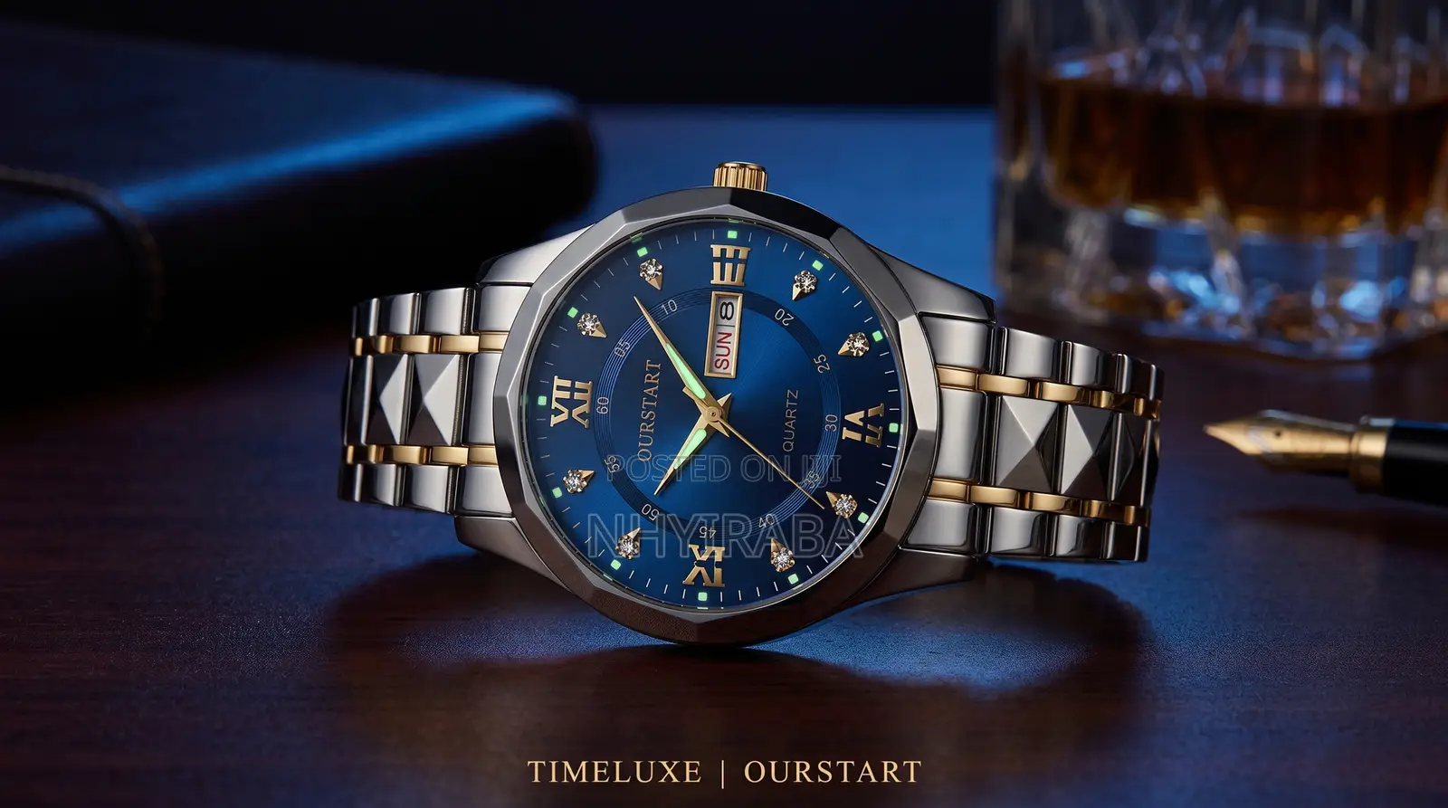 Men’s Quartz Stainless Steel Luminous Watch– Silver/Blue Dual Calendar