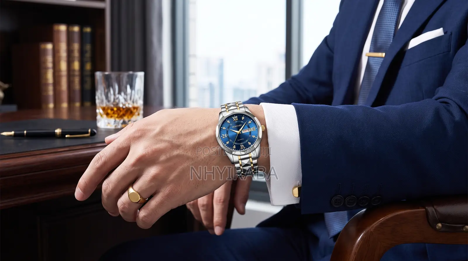 Men’s Quartz Stainless Steel Luminous Watch– Silver/Blue Dual Calendar