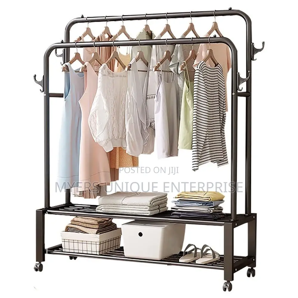 Double Hanging Garment Rack With 2 Shelves