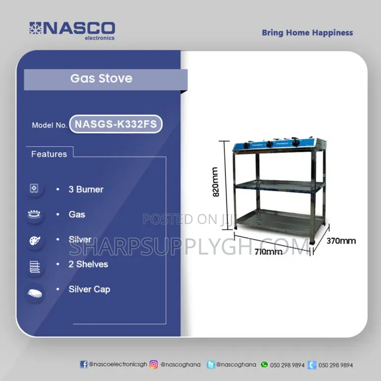 Nasco 3 Burner Gas Stove With Shelves