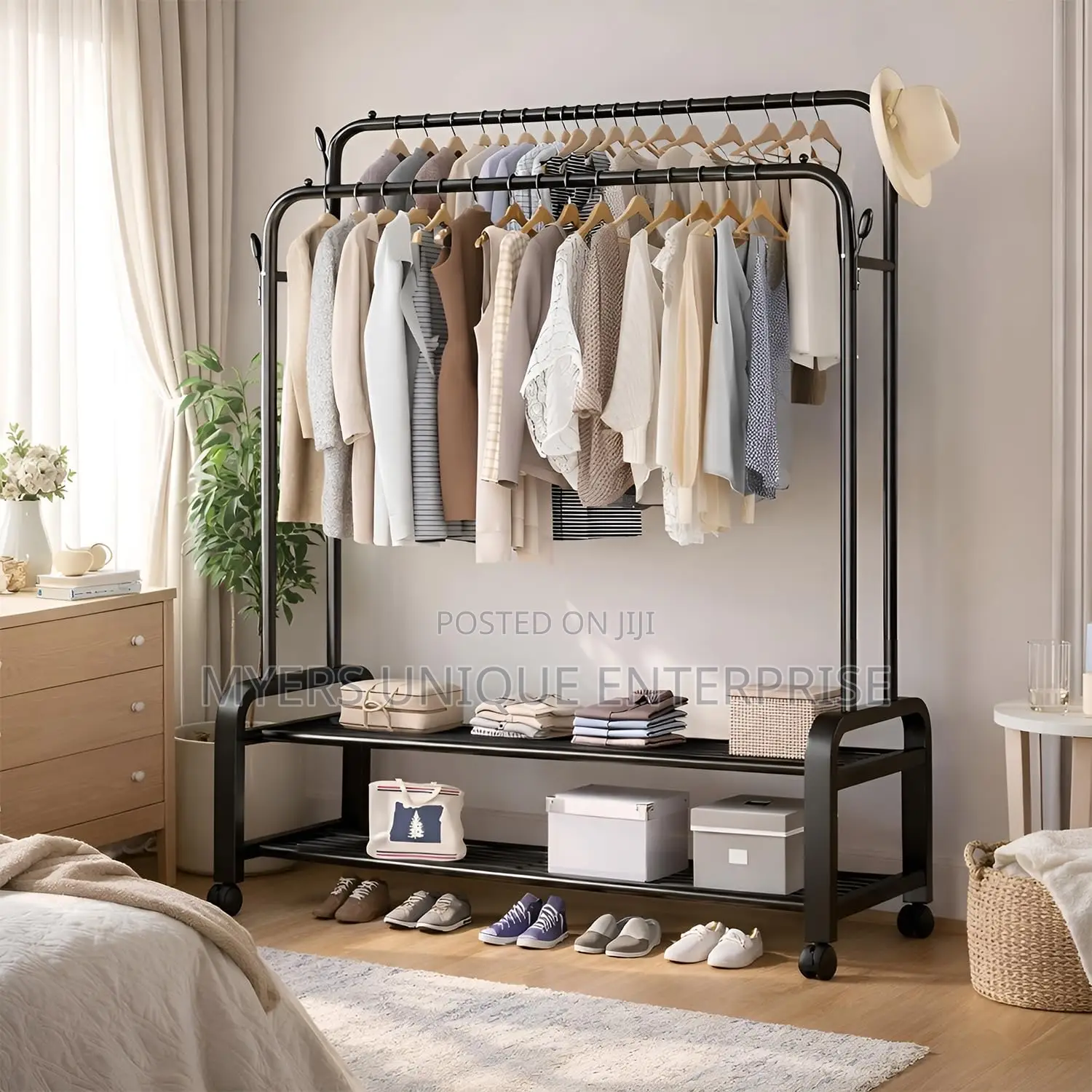 Double Hanging Clothes Stand With Shelves
