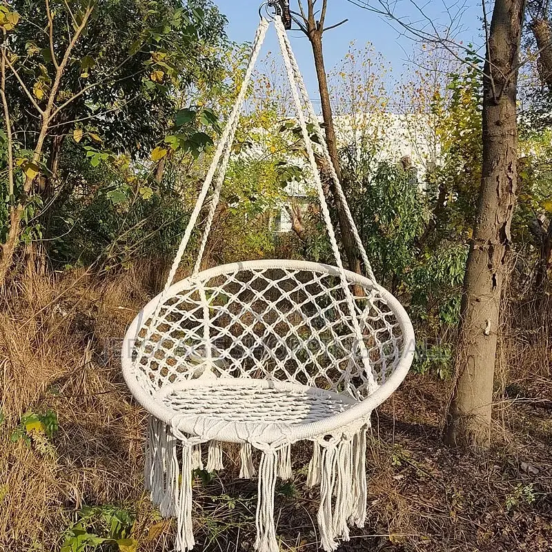 Boho Macrame Hanging Basket Chair With Faux Fur Cushion
