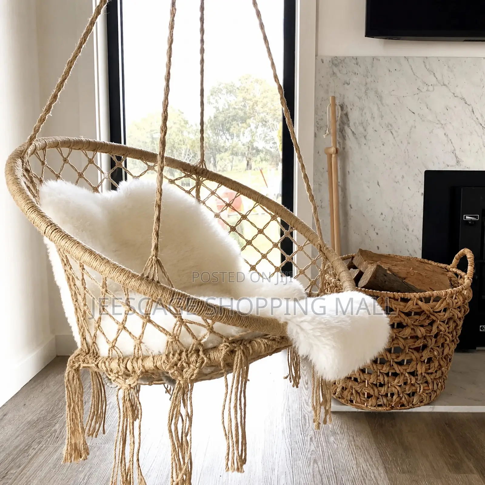 Boho Macrame Hanging Basket Chair With Faux Fur Cushion
