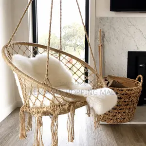 Boho Macrame Hanging Basket Chair With Faux Fur Cushion
