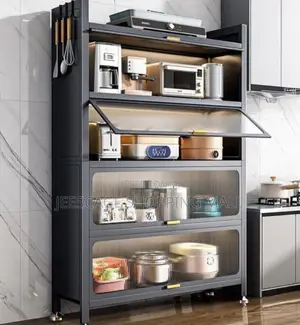 Modern Multi-Tier Kitchen Storage Cabinet With Fluted Glass Doors