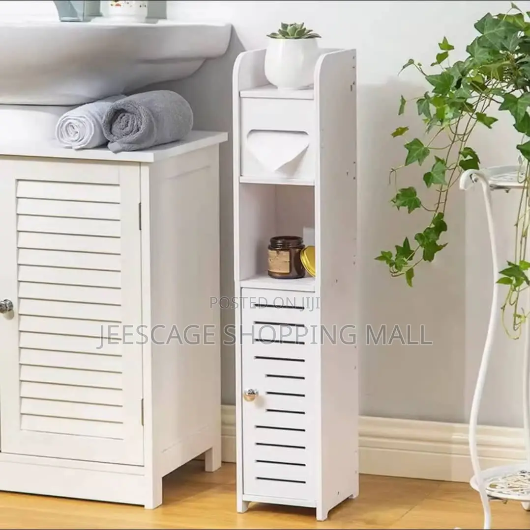 Slim White Bathroom Storage Cabinet With Toilet Paper Holder