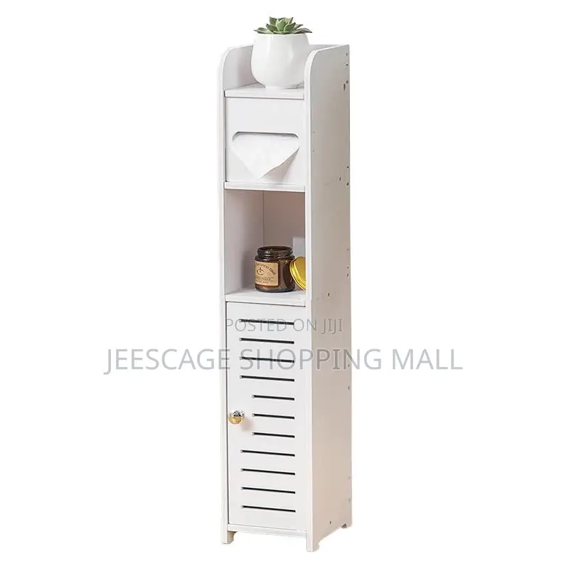 Slim White Bathroom Storage Cabinet With Toilet Paper Holder