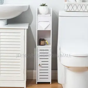 Slim White Bathroom Storage Cabinet With Toilet Paper Holder