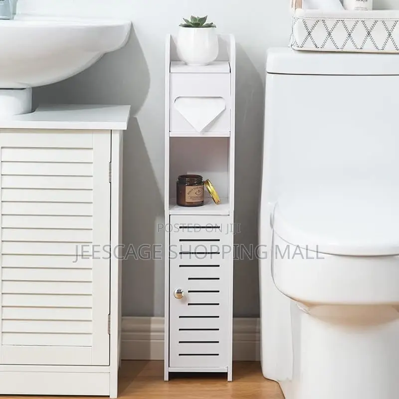 Slim White Bathroom Storage Cabinet With Toilet Paper Holder