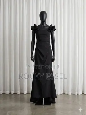 Elegant Black Off-the-Shoulder Evening Gown With Rosette Details