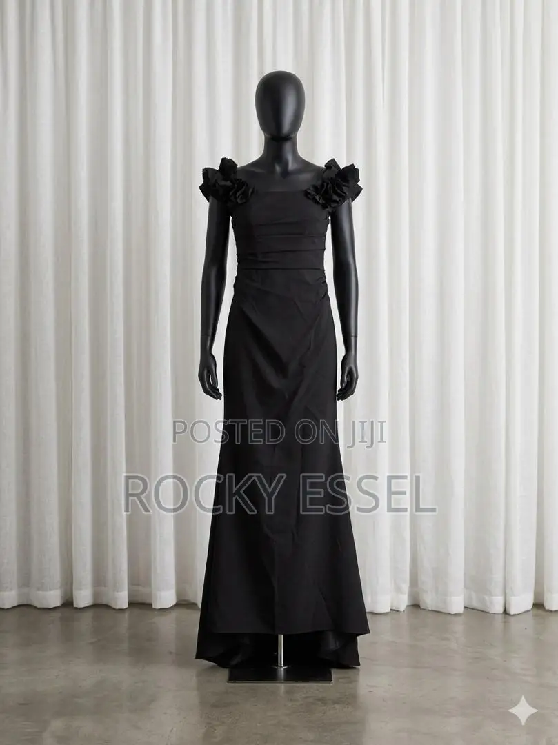 Elegant Black Off-the-Shoulder Evening Gown With Rosette Details