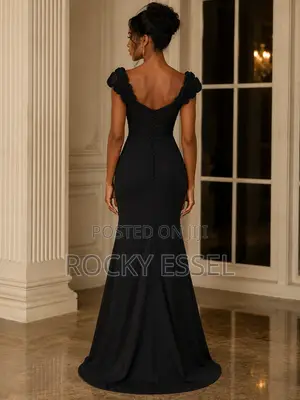 Elegant Black Off-the-Shoulder Evening Gown With Rosette Details