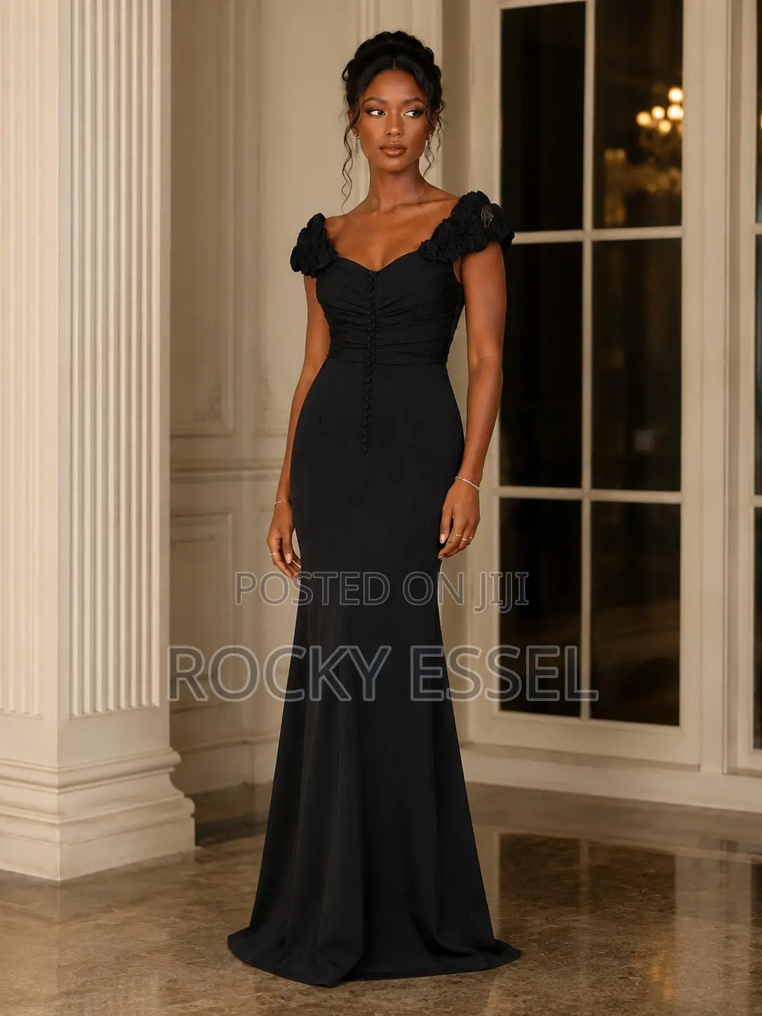 Elegant Black Off-the-Shoulder Evening Gown With Rosette Details
