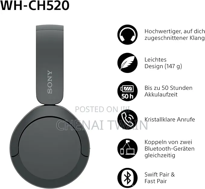 Sony Wh-Ch520 Wireless Bluetooth Headphones - Black/Blue/White/Pink