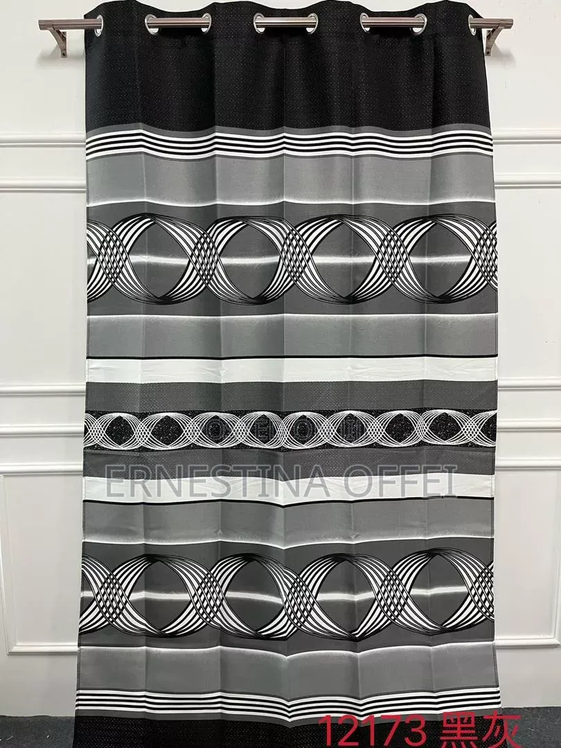 Black Grey Geometric Pattern Grommet Curtain - Light Blocking