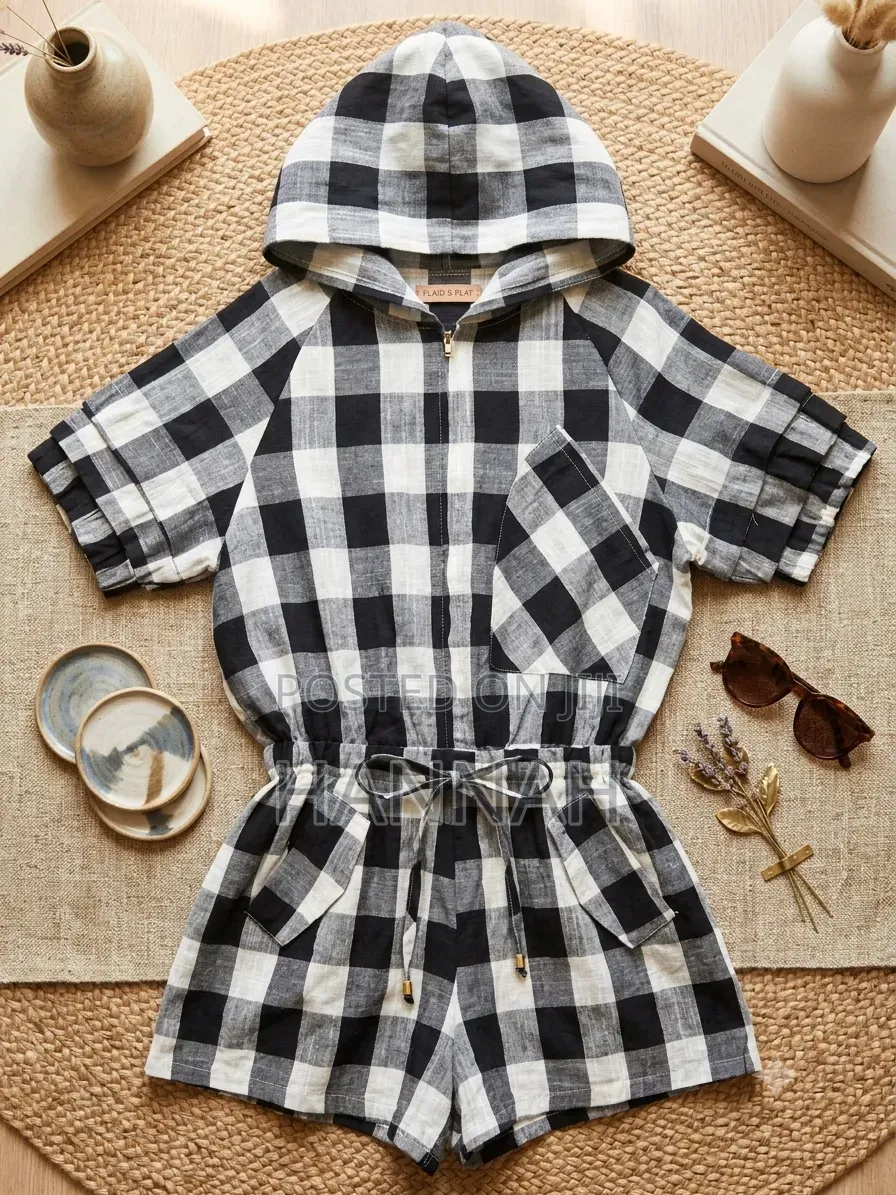 Black and White Short Sleeves Hoddy-Like Playsuit