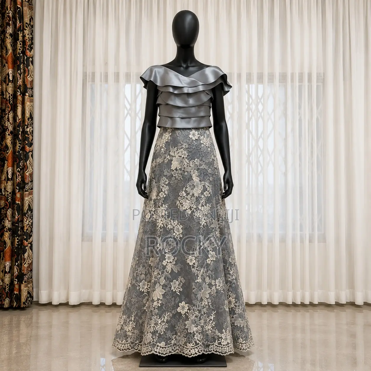 Silver Grey Off-the-Shoulder Embroidered Satin Gown