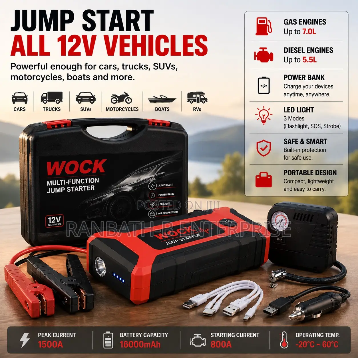 WOCK 4-in-1 Jump Starter, Power Bank, LED Light Air Compressor