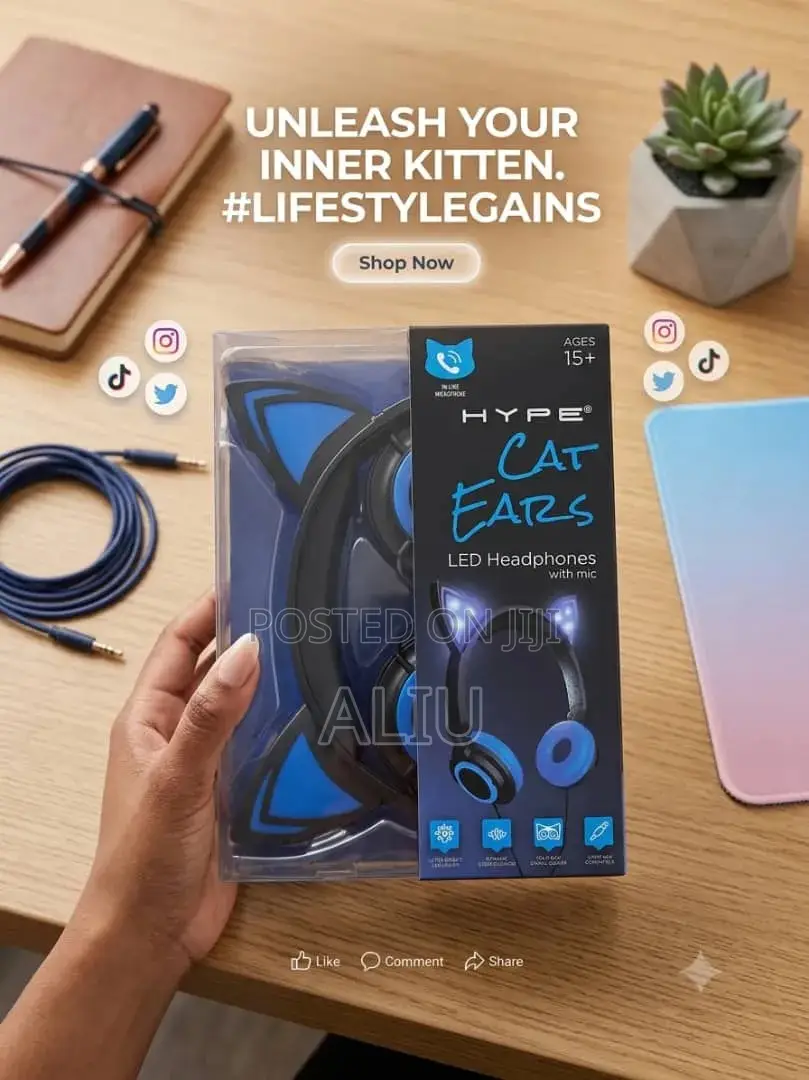 Hype Cat Ears Bluetooth Wired LED Gaming Headphone With Mic