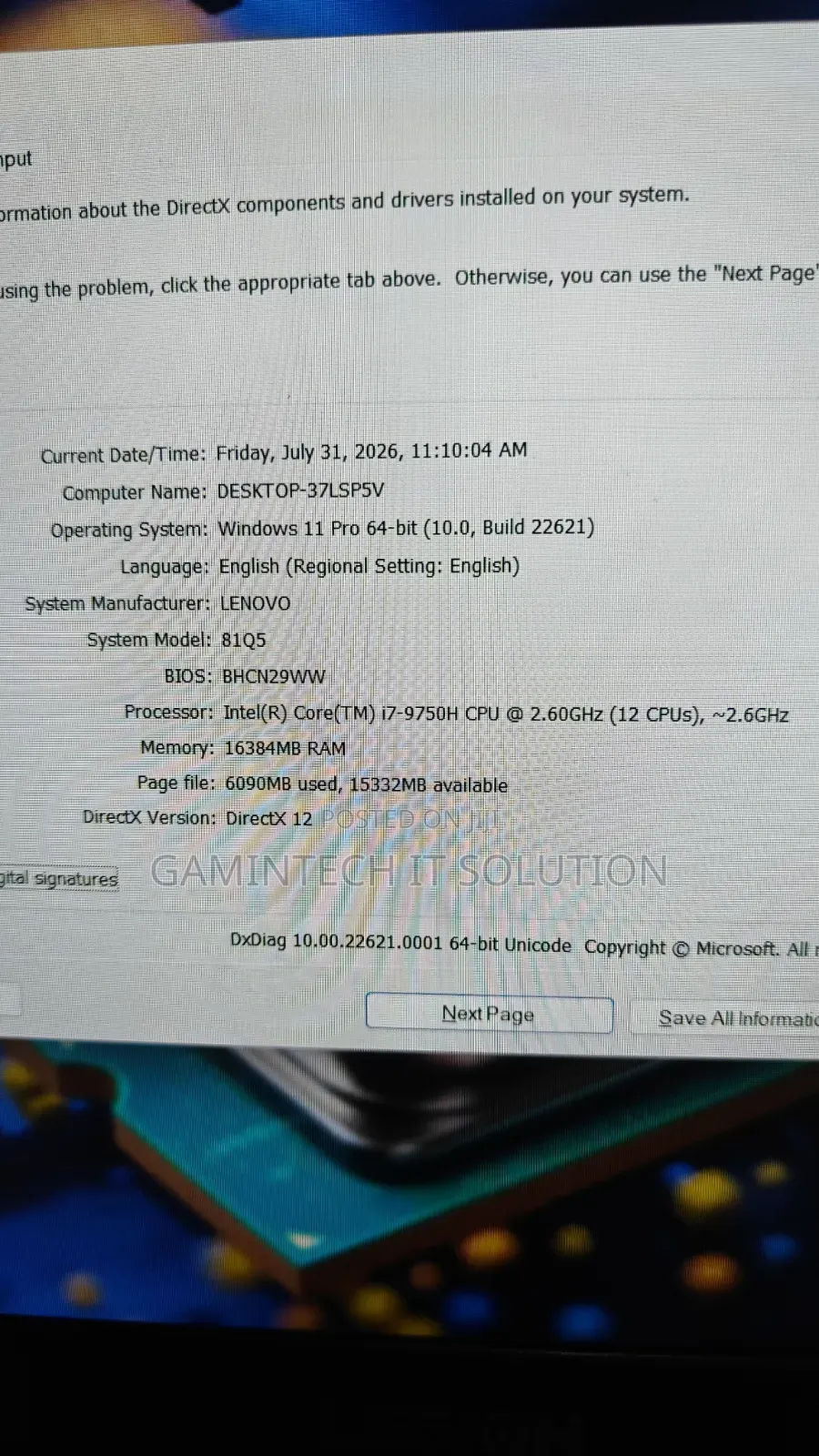 Lenovo Legion Y7000P IRX9 Gaming Laptop 16GB Intel Core i7 SSD 512GB