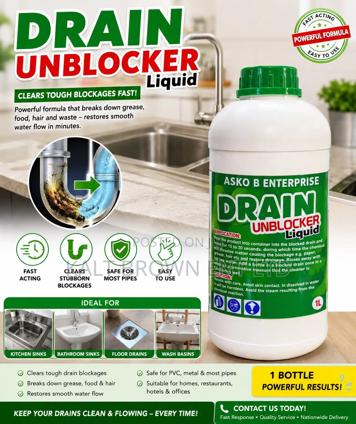 Kitchen Sink Drain Unblocker Liquid (1L) – Fast-Acting Clog Remover