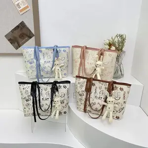 Cartoon Print Ladies Shoulder Totebag |With Bunny Charm