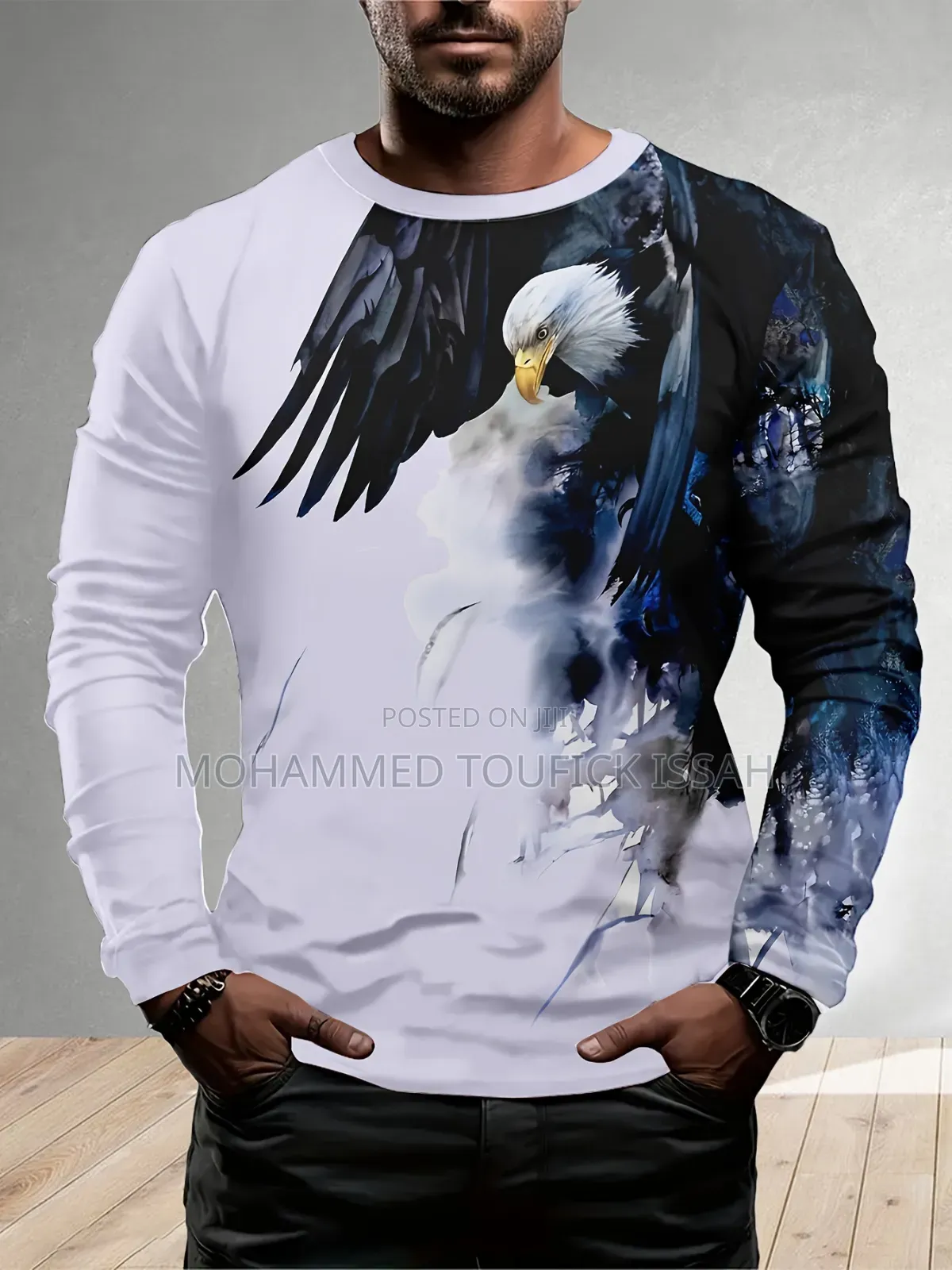 European American 3D Printing Long Sleeve T-Shirt Round Neck for Men