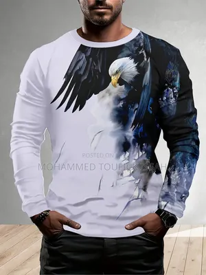 European American 3D Printing Long Sleeve T-Shirt Round Neck for Men