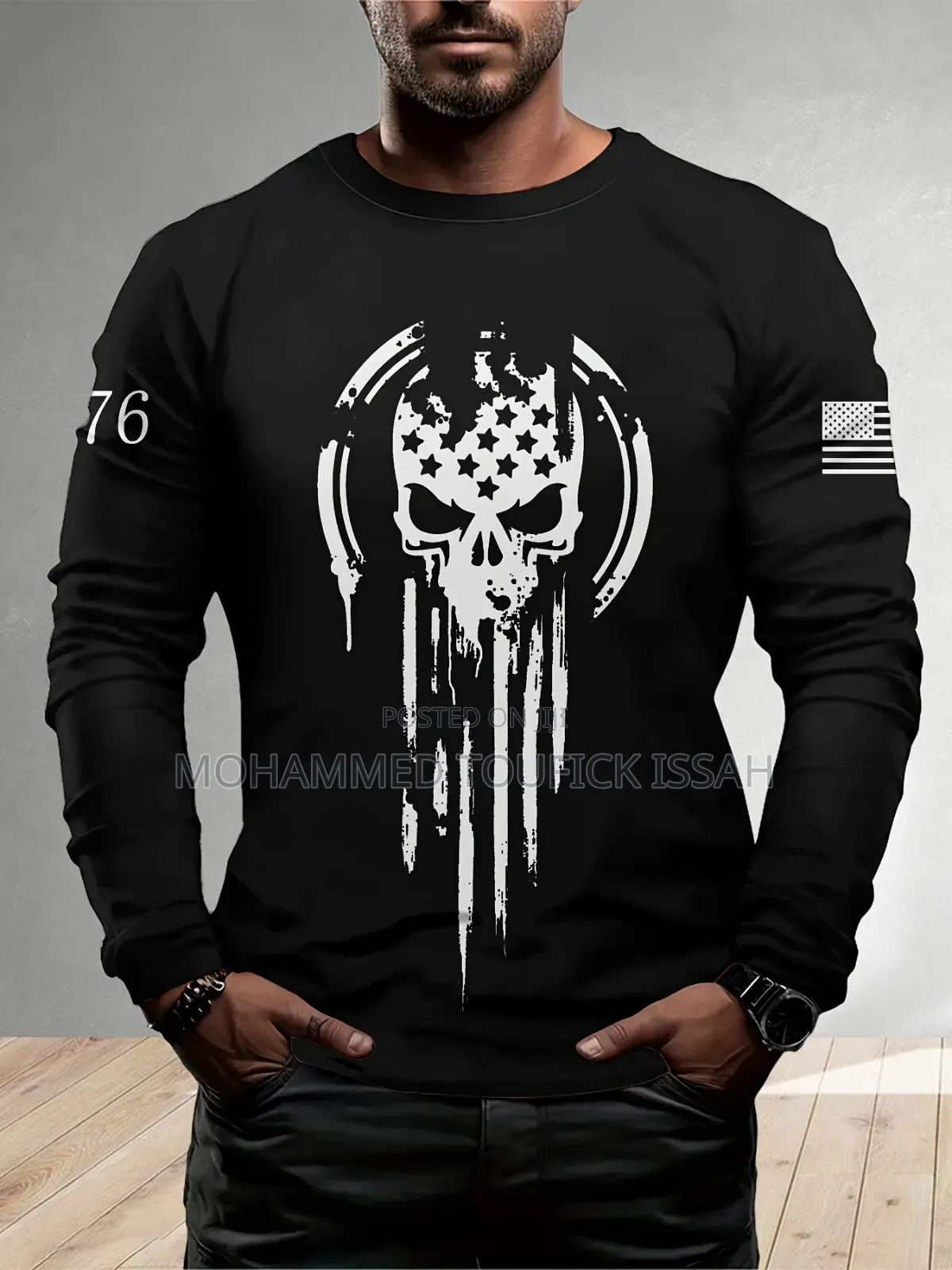 European American 3D Printing Long Sleeve T-Shirt Round Neck for Men