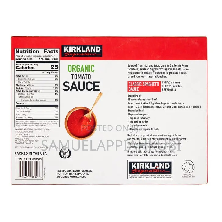 Kirkland Signature, Organic Tomato Sauce, 15 Oz, 12-Count