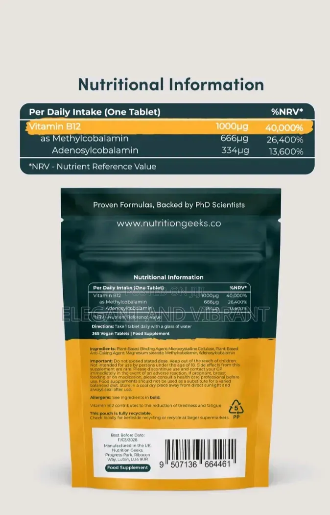 Vitamin B12 Tablets High Strength - 365 Tab-1000mcg Dual Power Vit B12