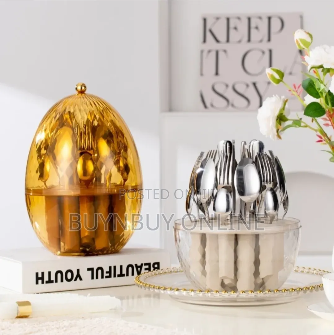 24 Piece Cutlery Set in Rotating Egg-Shaped Box Gold, Black or Silver