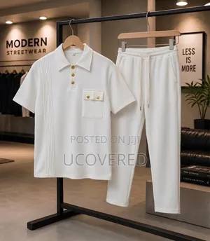 Two-Piece Set Features a Waffle-Knit Short-Sleeve Polo With Trousers