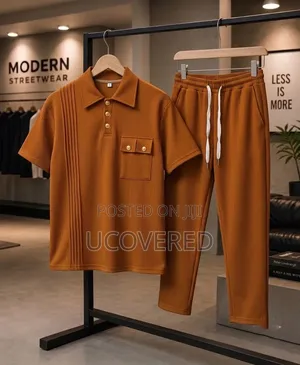 Two-Piece Set Features a Waffle-Knit Short-Sleeve Polo With Trousers
