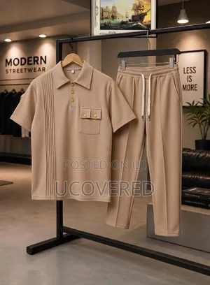 Two-Piece Set Features a Waffle-Knit Short-Sleeve Polo With Trousers