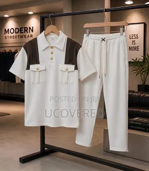Two-Piece Set Features a Waffle-Knit Short-Sleeve Polo With Trousers