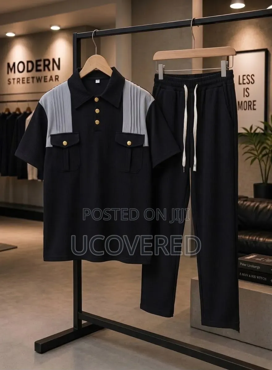 Two-Piece Set Features a Waffle-Knit Short-Sleeve Polo With Trousers